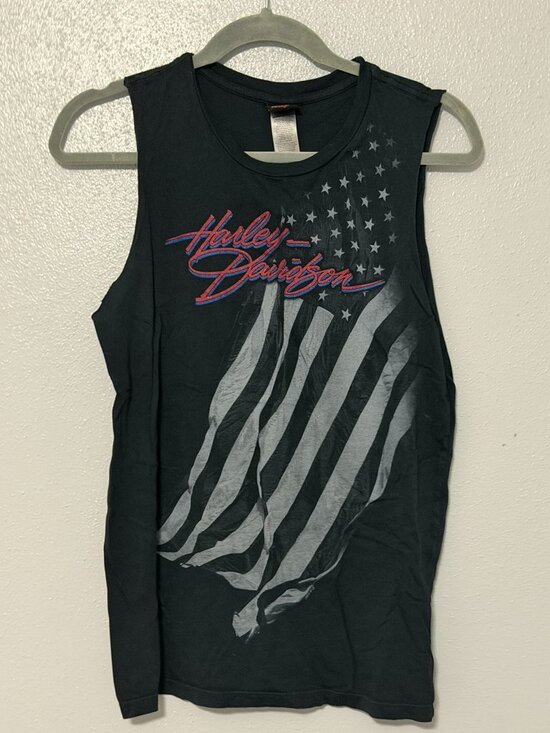Harley-Davidson Tops - Women's Black Harley Davidson Muscle Tee Featuring a Stylized American Flag